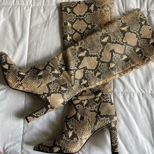 Steve Madden Joanis Snake Knee High Block Heel Pointed Toe Dress Boots